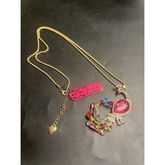 Betsey Johnson Pink Blue White Rhinestones Peacock Necklace 28” Goldtone Chain - Picture 1 of 10
